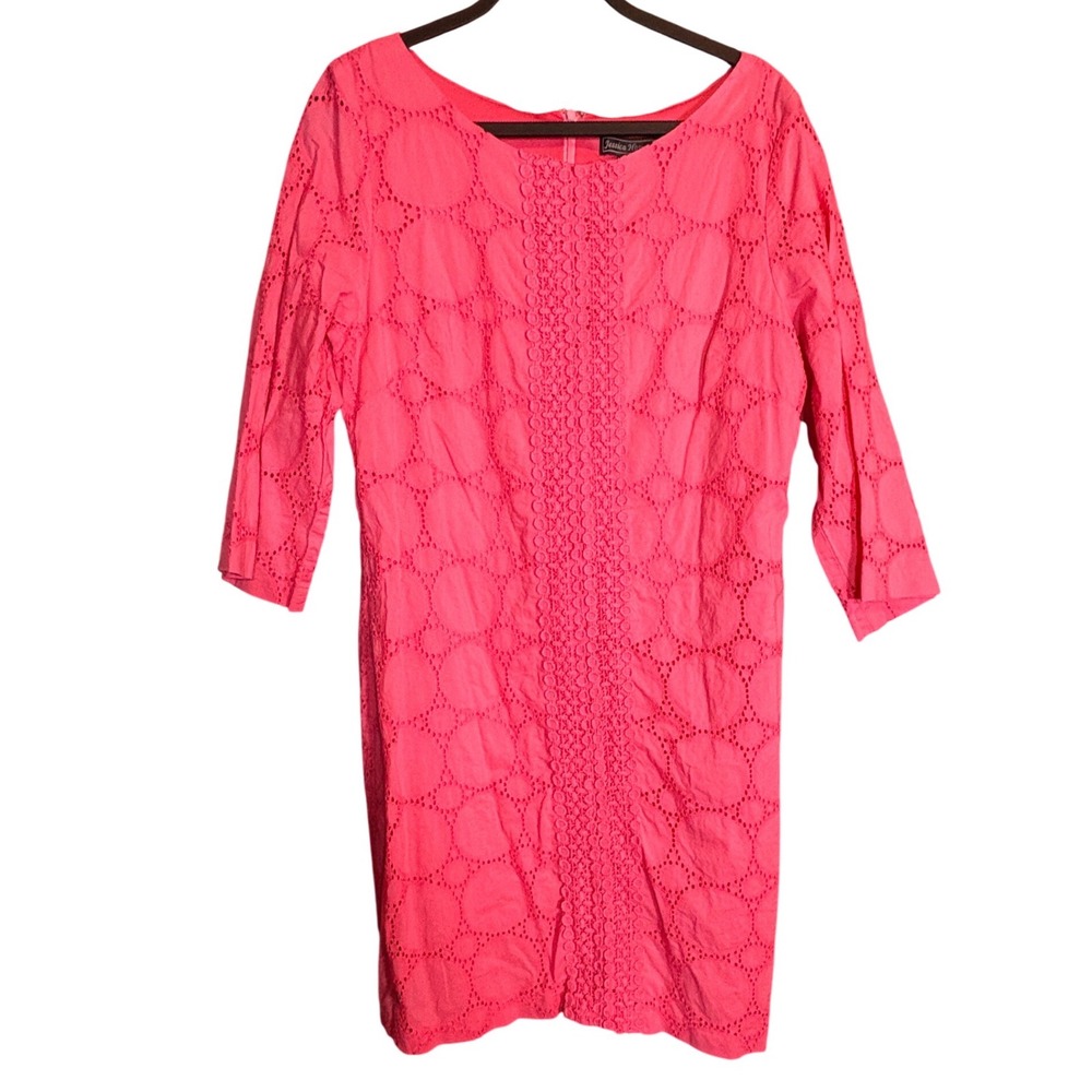 Jessica Howard Eyelet Shift Dress Womens 16 Pink Excellent 3/4 Sleeve JH5M5756